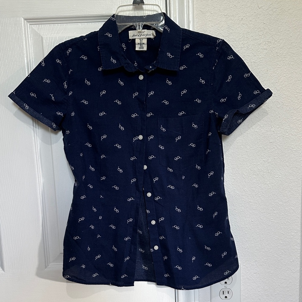 Navy Blue Short Sleeve Button-Up Shirt with front pocket and glasses pattern